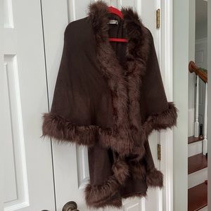 Faux Fur Collar Open Frnt Cascading Poncho Sweater